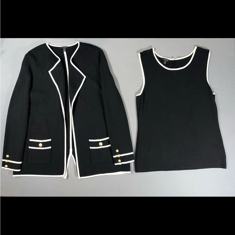 Talbots Womens Open Front Cardigan Sweater Blazer Black Ivory 2 Piece Set Large - Picture 2 of 16